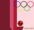 Background for a site with an Olympic theme and an image of a coronavirus molecule. Olympic Games 2020.